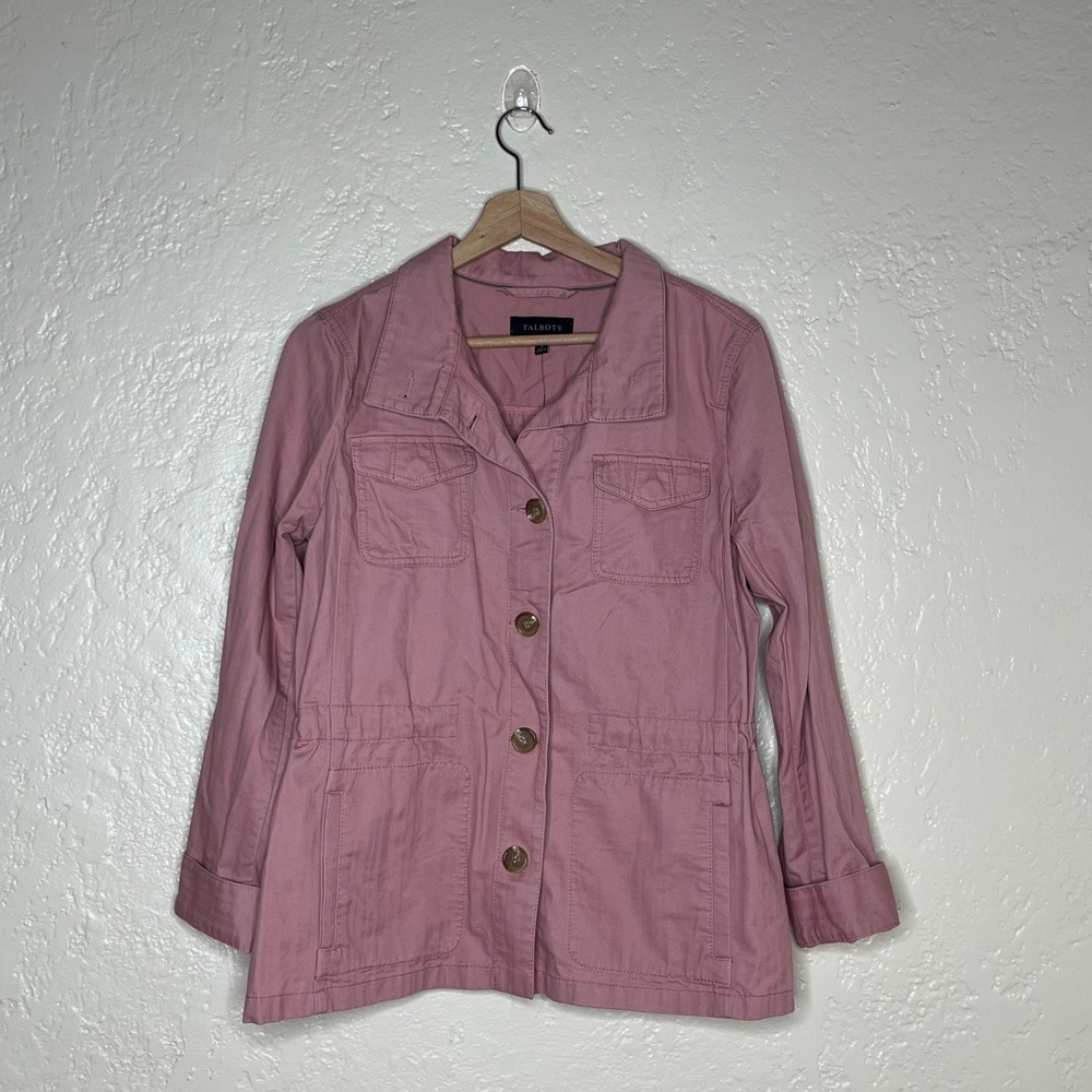 Talbots Safari Utility Jacket Cotton Twill Rose Pink Herringbone Sz Small Womens